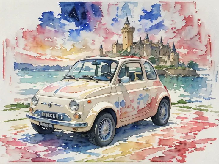 ( Masterpiece:1.2,  top quality),( very detailed),(((watercolor))),8k, wallpaper,  Cream Fiat 500, Cagliostro's Castle, night sky ,((( Ghibli style ))),透明watercolor