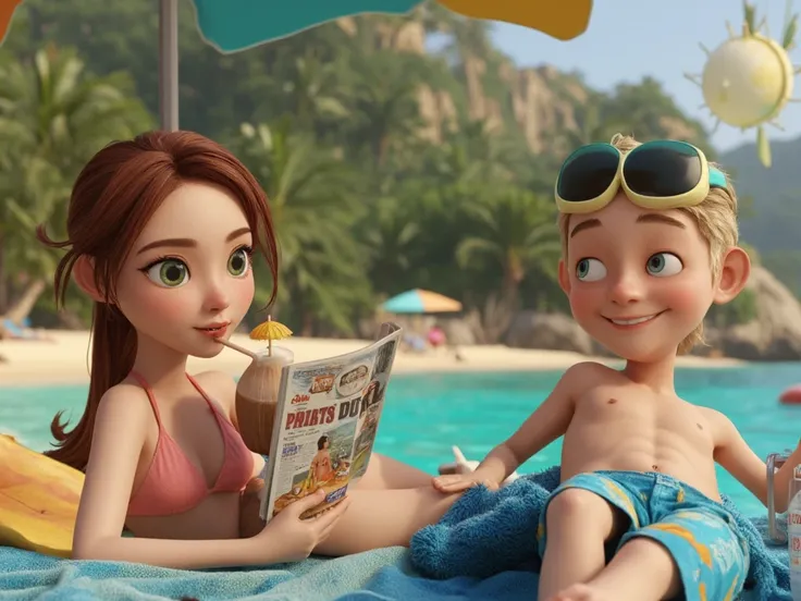 A highly detailed, ultra-realistic Pixar-style 3D render of two young characters relaxing on a beautiful Thai beach. The female character, with her vibrant green eyes and long flowing ponytail, is lounging on a beach chair under a large parasol, wearing a ...