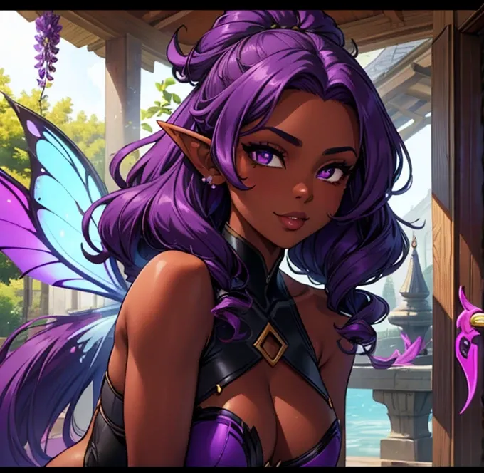 best quality,4k,8k,highres,masterpiece:1.2), ultra-detailed, mature ebony-skinned female, ethereal features, hourglass full body, bright amethyst eyes. wisteria curly hair. Fae. Fae ears. fae wings. Dark skin 1.7, DarkChocolate skin 1.8. Dressed in a fight...