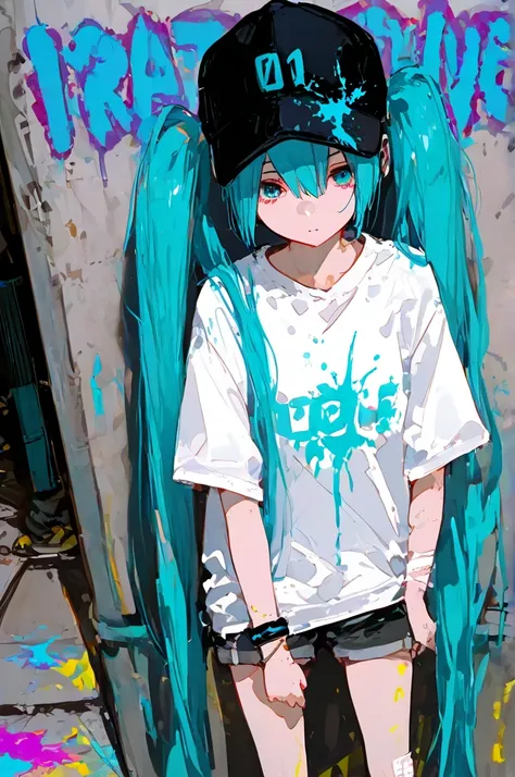  graffiti,  1 girl, Alone,  Hatsune Miku,   paint splatter,  aqua hair,  twin tails,  very long hair,  Baseball Cap,  shorts,  is staring at the viewer,  bracelet, street, Bandage 