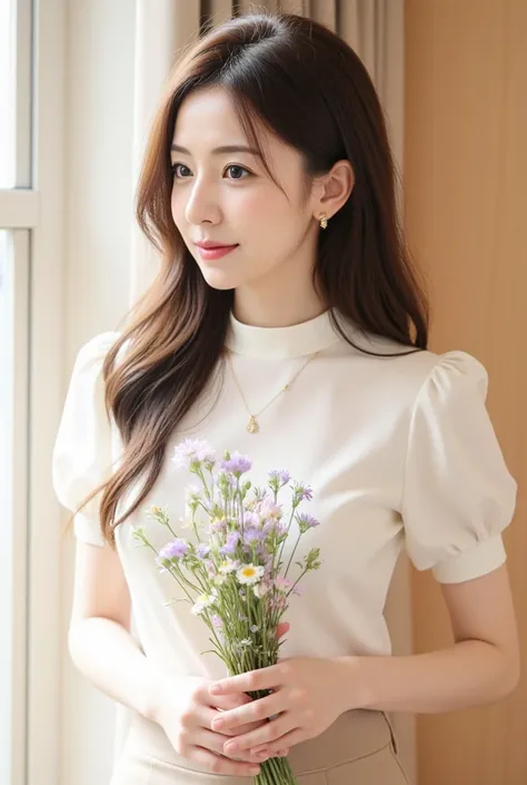 Portrait of Hana Lee, a young East Asian influencer, 25 years old, with a modern and elegant style.

Hana has long, dark brown hair with a natural shine, gently cascading over her shoulders in soft waves. Her eyes are deep brown, exuding warmth and confide...