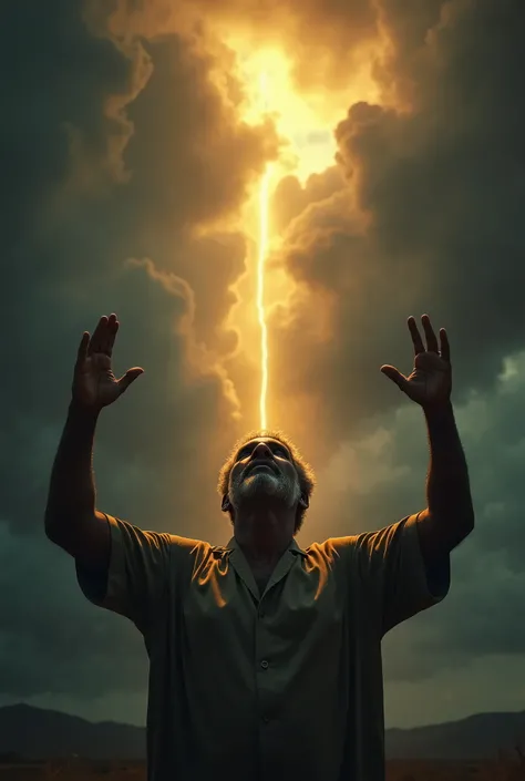 A cinematic image of a dark sky with storm clouds, a single ray of golden light piercing through. Below, a lone figure—a middle-aged African man with short graying hair—stands with arms raised in prayer, looking up in awe. His face is half-shadowed, half-l...