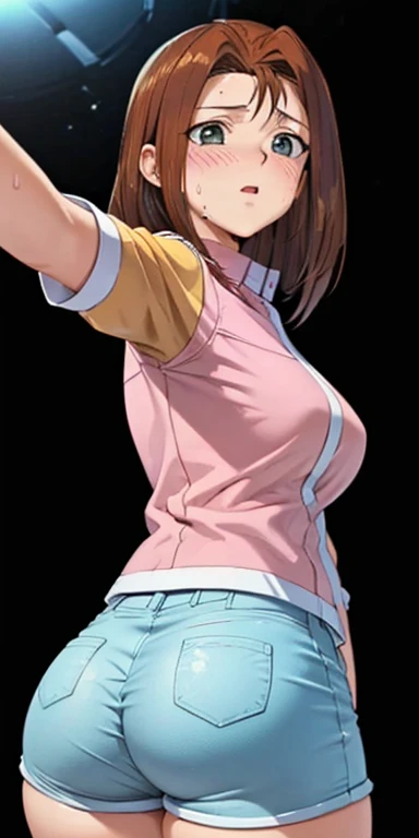 1 Female,High definition,high resolution,Ultra-realistic,8K,serenitydm, gray eyes,long hair, brown hair, pink shirt, blue shorts,European,sexy,Upper body close-up,Photographed from the front,Dynamic Angles,blush, small tits,cute face, facial, sweat, perfec...