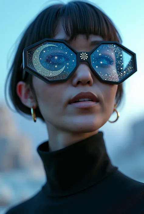 The model is wearing glass sunglasses with stars and the moon on the glass