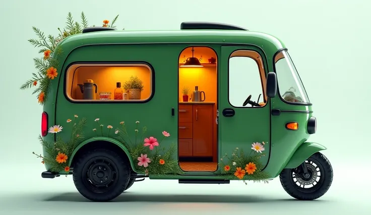 Left view Design a compact, eco-friendly tricycle RV camper. It should have a sleek, modern aesthetic with a green exterior, floral decorations along the edges, and a cozy, illuminated interior. Include a small kitchenette with utensils, windows for natura...