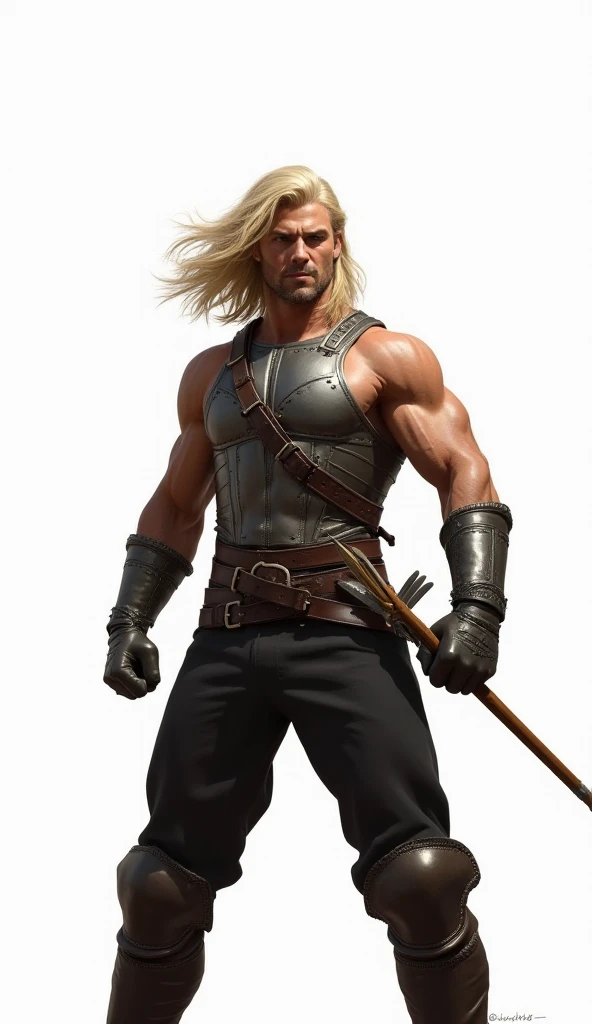 A man with blond hair, wearing dark trousers and armor is standing, and an arrow from a bow is flying at him. The background is pure white.