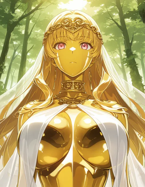 score_9, score_8_up, score_7_up, score_6_up, score_5_up, score_4_up, source_anime, rate_safe, (masterpiece), close-up portrait, Anime illustration, Fantasy, fable, (Golden skin woman), in greek transparent cloth, detailed fores background, metallic gold, (...