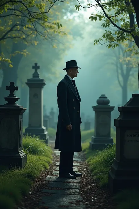 Man in the cover at the cemetery 
