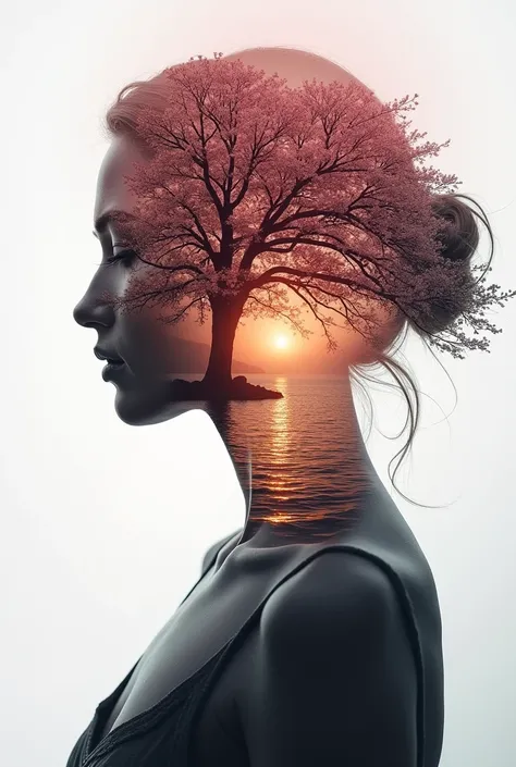 high quality, 8K Ultra HD, A beautiful double exposure that combines an goddess silhouette with sunset coast, sunset coast should serve as the underlying backdrop, with its details incorporated into the goddess , crisp lines, The background is monochrome, ...