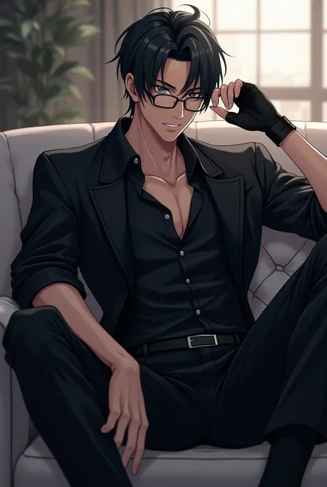 Handsome anime guy, male, black attire, glasses, fingerless gloves, ankle socks, sofa