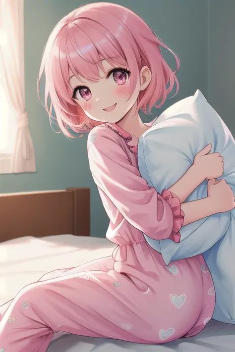 Top quality, high resolution, detailed, beautiful image quality, one girl, cute pyjamas with frills, pale pink pyjamas, pink hair, short hair, lolicon feel, smiling, hugging a white pillow, sitting flat on the bed, looking at the camera, pink makeup color,...