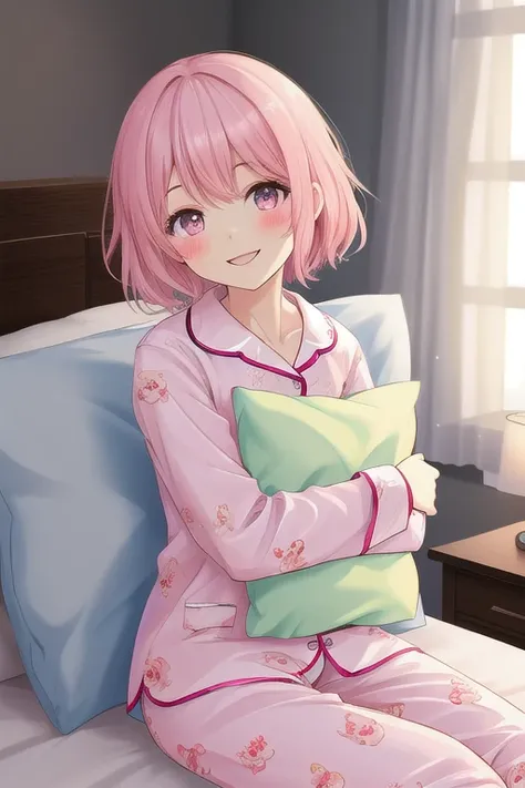 Top quality, high resolution, detailed, beautiful image quality, one girl, cute pyjamas with frills, pale pink pyjamas, pink hair, short hair, lolicon feel, smiling, hugging a white pillow, sitting flat on the bed, looking at the camera, pink makeup color,...