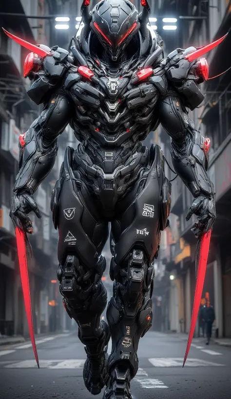 a 10 meter cyborg, in futuristic cyborg armor in the colors of Japan, with carbon details, with red neons, futuristic military armor, realistic details, walking in a futuristic city patrolling, year 2100,