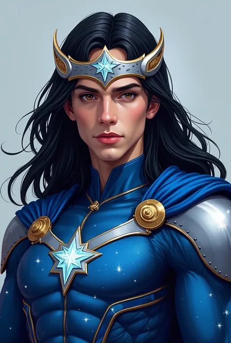 Create a. An apparently 18-year-old boy, long dark hair ,  white skin,  brown eyes, He is wearing a majestic and sparkling blue outfit, a simple silver crown,  and use cool colors in the image.  Make the Marvel comic style image. Don't leave him with one l...