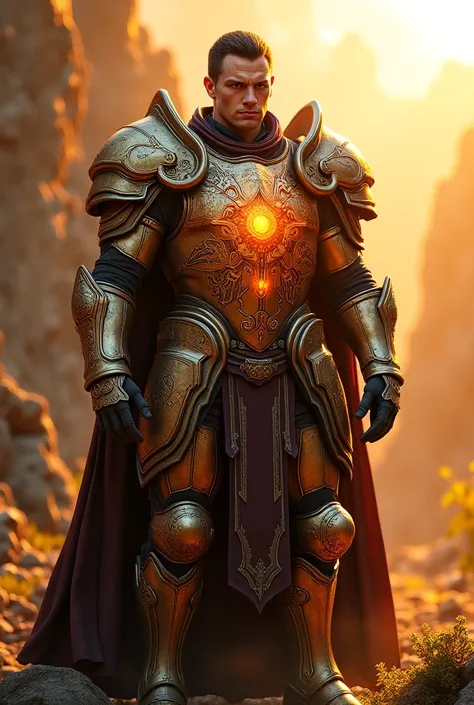 The hero dons enchanted armor, its surface glowing with magical runes. The camera captures the intricate details of the armor as it shimmers in the sunlight.