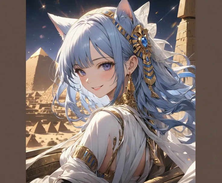    in the seat,  long hair、 princess,   Queen of Ancient Egypt、 top quality  , Masterpiece,    very detailed,    textured skin ,      very detailed  、Smiling face looking ahead ,   紫色の目,    blue hair /  light blue hair,  Fantasy    、  EGYPT PYRAMID BACKGRO...