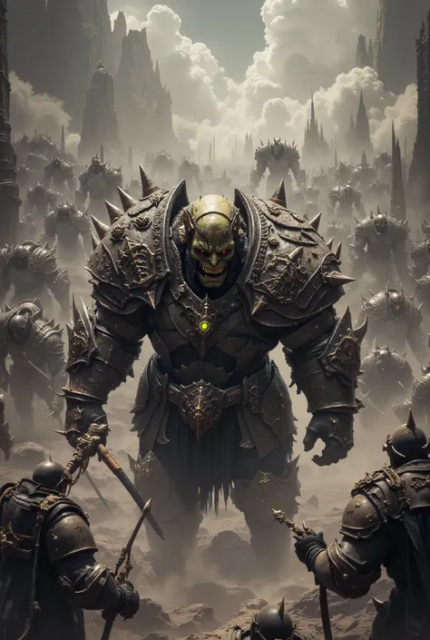 Powerful、   and an intimidating army of orcs fighting against the Holy Knights 。  Aerial View。   muscular and greenish skin     、     has sharp glowing eyes    。 There is a scar on the face 、   sharp fangs sticking out of the mandible   。  he {x}  wear arm...