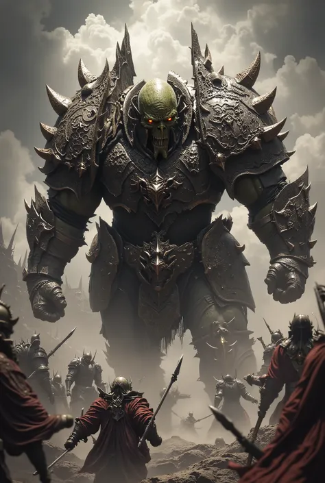 Powerful、 and an intimidating army of orcs fighting against the Holy Knights 。 Aerial View。 muscular and greenish skin 、 has sharp glowing eyes 。 There is a scar on the face 、 sharp fangs sticking out of the mandible 。 he {x} wear arm...