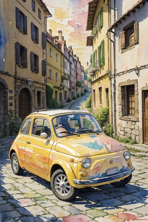 ( Masterpiece:1.2,  top quality),( very detailed),(((watercolor))),8k, wallpaper, yellow Fiat 500,Ride through the old streets of Alsace, road narrow cobblestone road、dusk,((( Ghibli style ))),透明watercolor、 Lupin the Third 