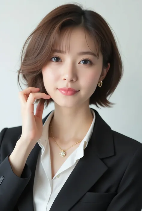 Beautiful Japanese Woman 、、 She is wearing an office lady suit、濃いeyeshadow 、Hairstyle: ショートカット、wavy hair 、 Light Brown Hair 、ear piercing、  Smile slightly 、 necklace、 white backgr