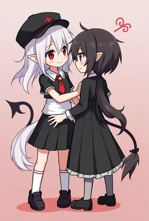 red eyes,  black headwear, devil tail, white hair, black cabbie hat, pointy ears, black footwear, low ponytail,black skirt, left ear piercing, 2girls, black hair, red eyes, devil tail, pointy ears, low ponytail, Perspective, high teen