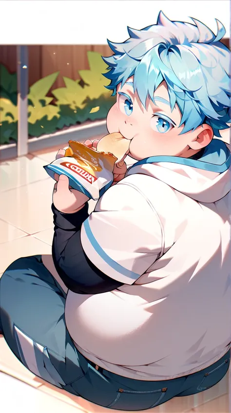 1 boy, (male ), chongyun, cute, chubby, white hoodie, belly exposed, sitting on a floor, eating chips, back view, looking back with confuse, face blushed