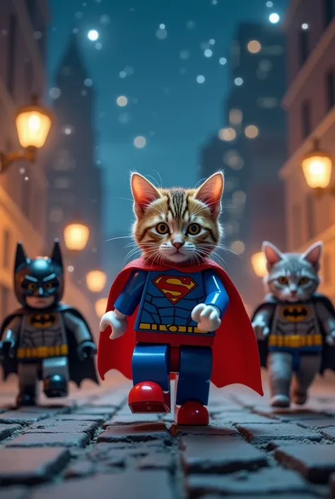 cats wearing Superman clothes and cats wearing Batman clothes in lego art, night