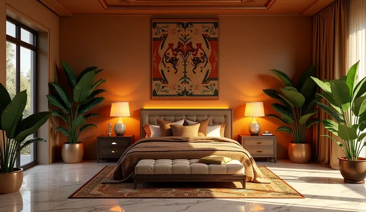 Inside a luxurious well lit grand African bedroom with indoor plants with marble floors