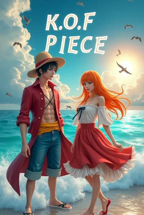 Long angle far presfective beautiful woman cosplay Nami one piece, with a handsome man named Yoongi cosplay Luffy one piece, fantasy ocean background, there are white clouds, sun, birds during the day, text lights up "K.O.F PIECE" 3d font