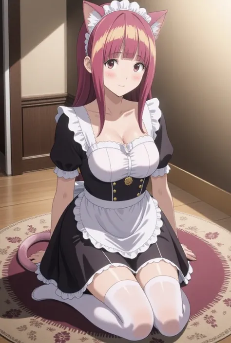 masterpiece, best quality, {best quality},{masterpiece},4k CG,1girl,{{loli}}, {{cute}},long pink hair,white thighhighs ,cat ears,cat tail,maid dress,kneeling,sitting on floor,looking at viewer,