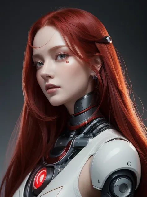 a painting of a woman with long red hair, porcelain cyborg, awarded on cgsociety, portrait of a  robot, featured on artsation, robotic left arm, ceramic cyborg, delicacy, protagonist, high quality face, (best quality:1.1), ultra-detailed, high resolution, ...