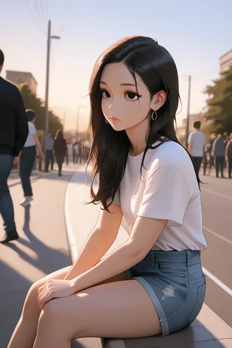 Top quality, masterpiece, ultra high definition, (Real: 1.4), Original photo, (Evening Street), 1 girl, black eyes, looking at the audience, long hair, light makeup, lips, small ears, white t-shirt, denim shorts, earrings, sitting Ferrari,, slim, neat, par...