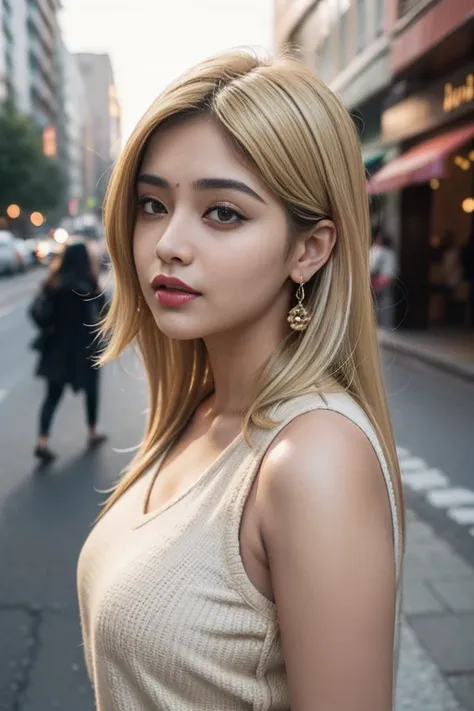 (((Desi Girl))), Chubby face, Natural skin, Wear a hot deep-necked top and dupata, Charming brunette hair, ((The ends of the hair are blonde)), Urban street background, Bokeh