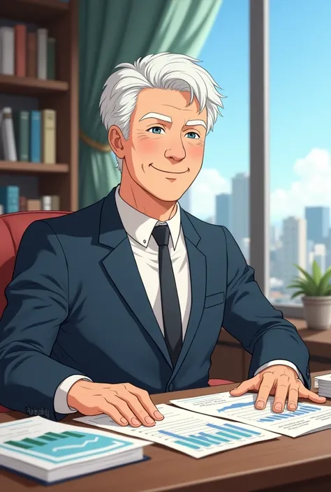 An anime-style middle-aged man with a round face, short white hair, and a friendly smile. He is wearing a simple yet elegant suit, with a relaxed and non-flashy style. The character is sitting at a desk with financial charts and books in front of him, in a...