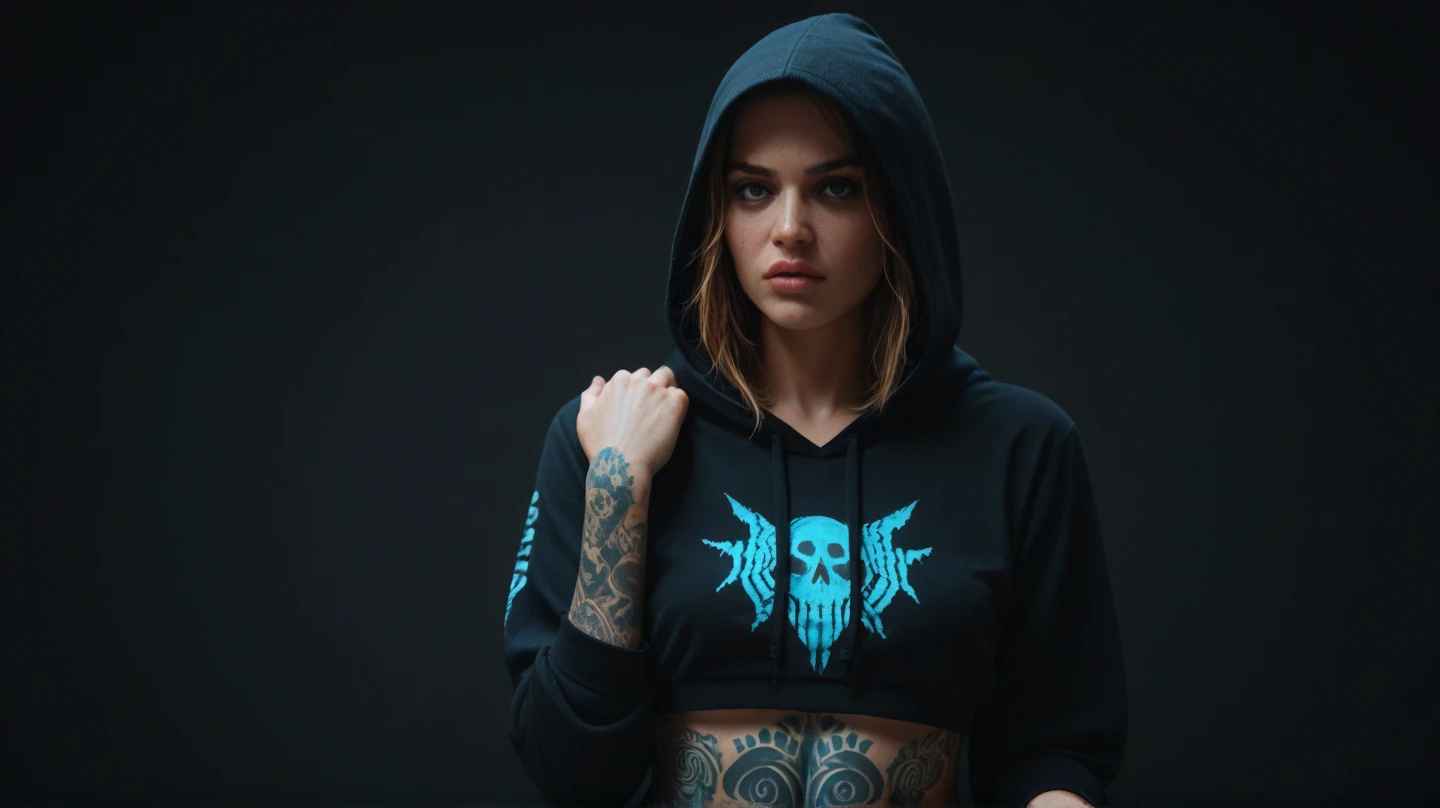 Sexy Maggie rhee wearing streetwear lifting up hoodie what color bikini top she wear, wearing a neon blue Glowing scary tattoo, sleeve tattoo, Cool background, screen fit, tattoos, High Resolution, Accurate, Best Quality, Detail, HD, High Details, Quality,...