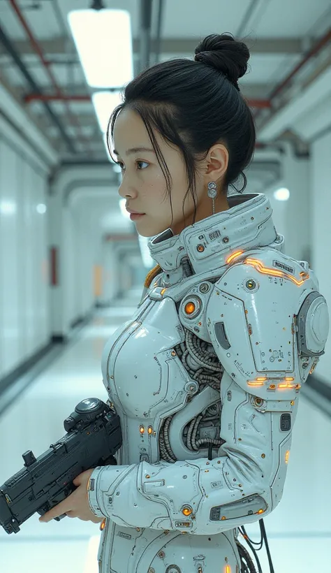 hyperrealistic photo, commercial photography, armed female figure in a white sci-fi suit, studio light, 8k, high resolution photography, insanely detailed, fine details, professional color grading --ar 9:16 --v 4
