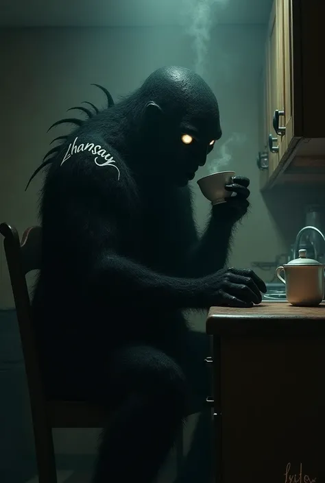 a black monster with glowing eyes in the dark sits in the kitchen and drinks tea. on the back at says “zhansaya”