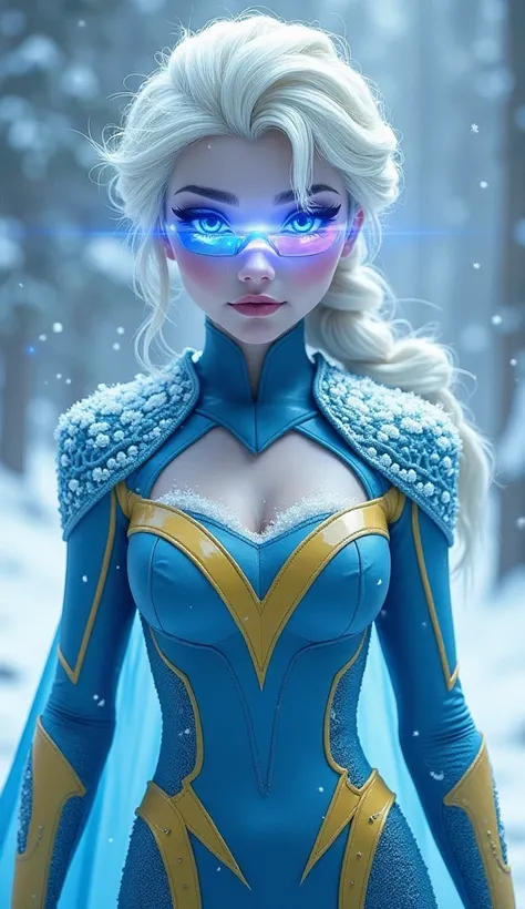 A powerful hybrid character combining Elsa from Frozen and Cyclops from X-Men. She has Elsa's ice powers, with a sleek, icy aura surrounding her, and Cyclops' visor that controls her energy blasts. Her outfit is a blend of Elsa's elegant gown and Cyclops' ...