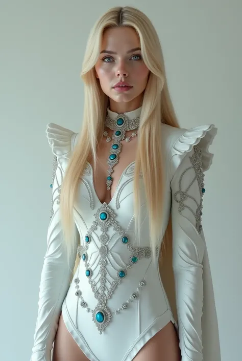 FULL, photorealistic LOOK of a beautiful 40-year-old sorceress queen with straight blond hair looking a little sideways in a white outfit with shiny blue gems and white boots,  high-quality image .