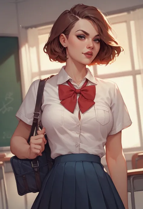 1girl. murderer, school uniform, short hair, brown hair, hair with multicolor strands,