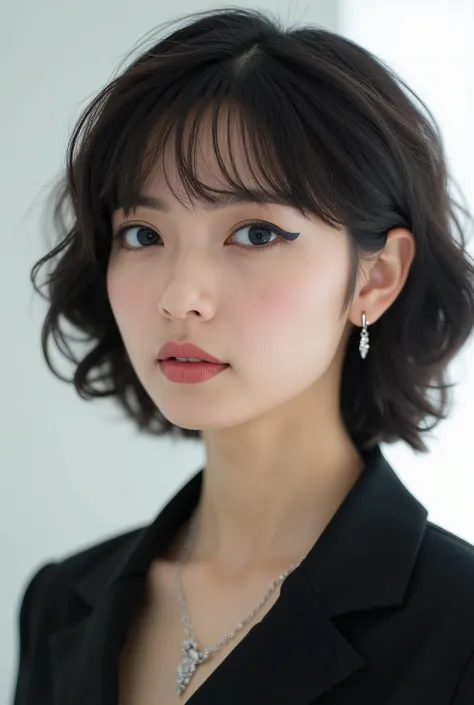 Beautiful Japanese Woman 、、 She is wearing an office lady suit、濃いeyeshadow 、Hairstyle: ショートカット、wavy hair 、 、ear piercing、  Smile slightly 、 necklace、 white backgr