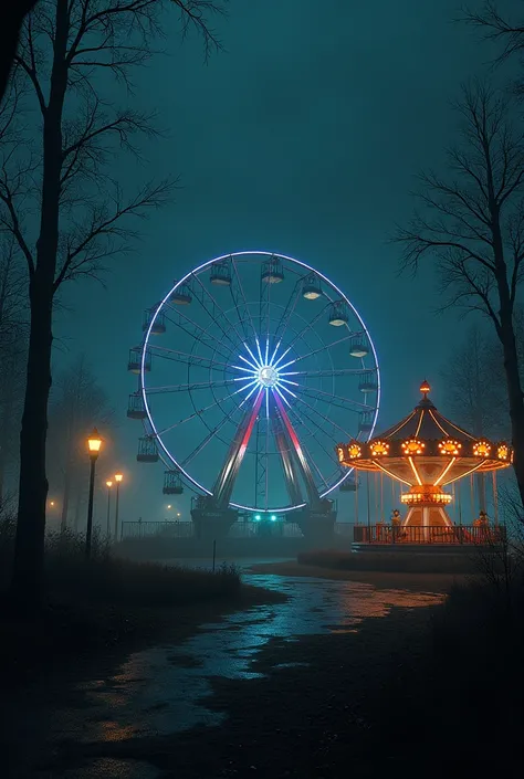 Create an empty amusement park at night, closer to the park and more illuminated, Insert Ferris Wheel and Carousel in the park 