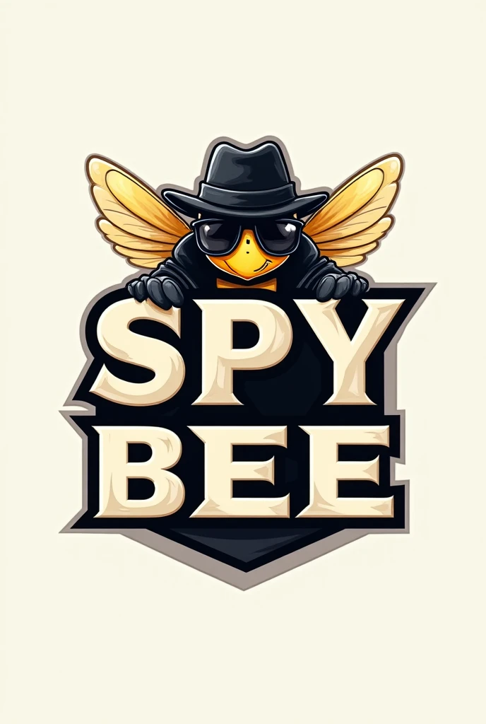 Logo brand with the text SPY BEE, bee embedded in the text SPY BEE, Dressed in spy clothes 