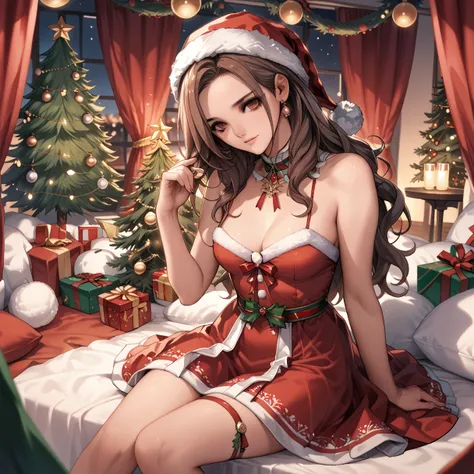  The image is、 long hair ,  thick brown hair, This is a portrait-style photograph featuring a young woman with a red and white Santa hat and 、 I was wearing a red dress with white edging .  She is pale、 sitting beside an decorated Christmas tree adorned wi...