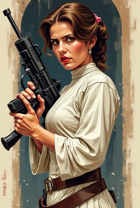 Image de la Princesse Leia tenant une arme à feu dans le style des comics des années 90 