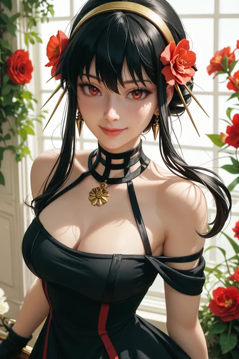 masterpiece, best quality, medium breasts, (curvy), BREAK, Yor Briar, Yor Forger, 1girl, black hair, red eyes, short hair with long locks, gold hairband, hair flower, black choker, black dress, sleeveless, off shoulder, floral print, fingerless gloves, smi...