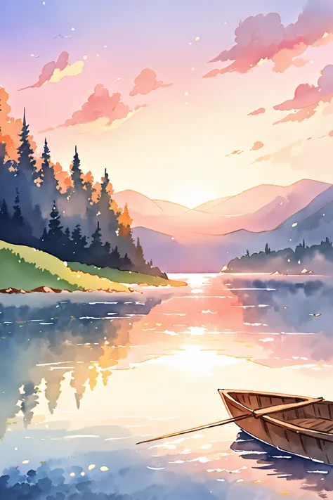 Lake at dusk 、An unmanned wooden boat floats、 beautiful nature 、 Relaxing picture 、 Landscape、 watercolor