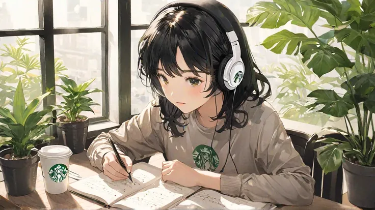  headphones、 black hair、 headphones、Houseplants、Notes、pencil、 inside a Starbucks 