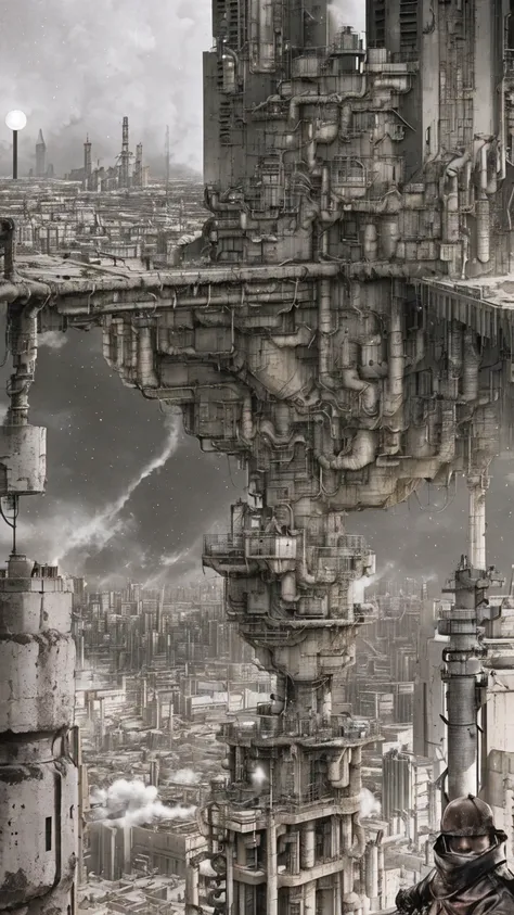 Manga that features several shots of an apocalyptic city.  underground city  ,   surrounded by earthen walls,  upside down,  roof buildings  ,   rusty and heavy  , Beehive City,  biorganic buildings  , factories, dirty, mechanics, tall building, tower, raw...