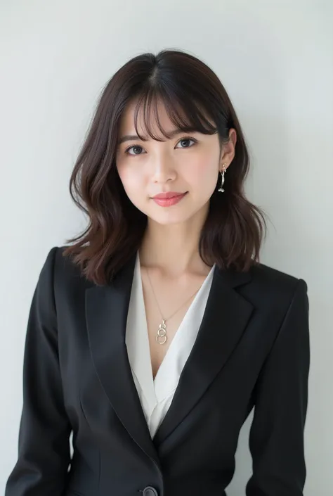 Beautiful Japanese Woman 、、 She is wearing an office lady suit、濃いeyeshadow 、Hairstyle: Medium long、wavy hair 、 ダークBrown Hair 、ear piercing、  Smile slightly 、 necklace、 white backgr